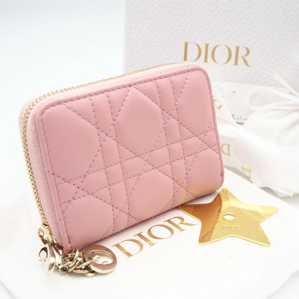 Christian Dior Lady Voyageur zip coin case Pink Lambskin Calf Leather